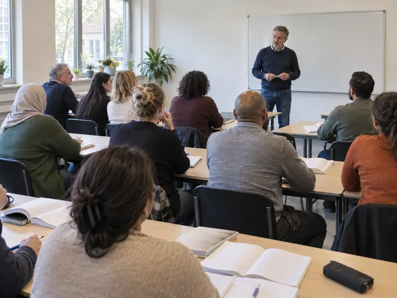 Volwassenen zitten in een klaslokaal met boeken open; voor in de klas staat een docent.